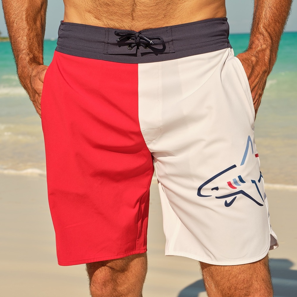 NWT Greg Norman Shark Swim Trunks Men’s M Red White Colorblock Board Shorts